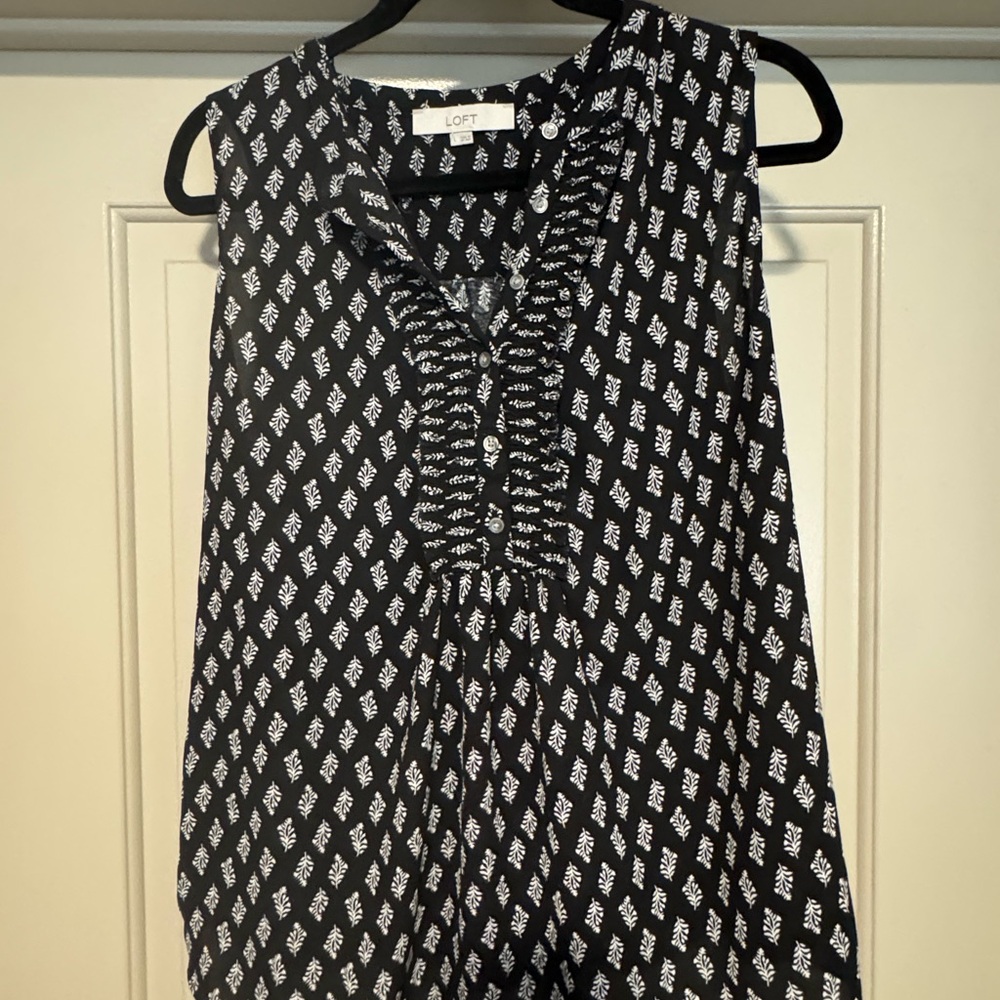 LOFT Black and White Ruffled Bib Collar Blouse